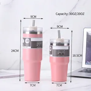 Pink stainless steel tumblers in 30oz and 20oz sizes with lids and straws on a desk