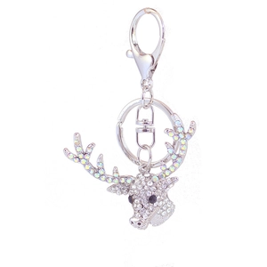 Sparkling crystal reindeer head keychain with silver metal ring and lobster clasp