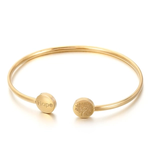Bracelet jonc ouvert en acier titane doré avec gravure Hope et motif arbre de vie