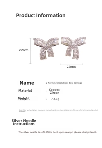 Detailed view of asymmetric zircon bow earrings with copper base and precise measurements