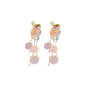 Elegant long tassel earrings with iridescent sequins, faux pearls and gold metal chain