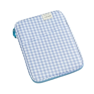Blue and white checkered 13-inch laptop sleeve with front pocket and zipper closure