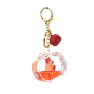 Capybara acrylic liquid quicksand keychain in retro TV shape with red bell charms