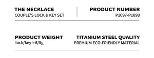 Detailed specs for titanium steel couple necklace set with key and lock weight details