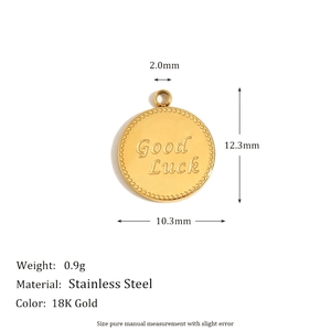 Macro view of 18K gold stainless steel pendant with Good Luck engraving and size specs