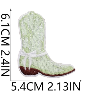 Detailed view of light green embroidered cowboy boot patch with size measurements in cm and inches