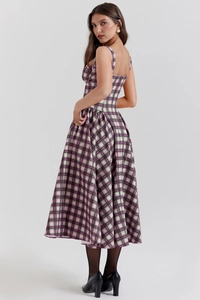 Side view of a vintage French-style plaid maxi dress with an elegant A-line silhouette