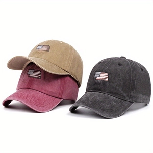 Vintage-Baseballcaps aus Baumwolle mit USA-Flaggen-Stickerei in Khaki, Rot und Grau