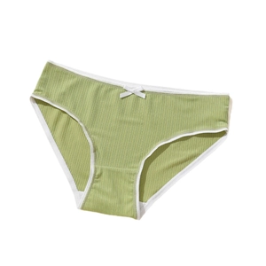 Green ribbed polyester women's panties with white lace trim and a cute bow detail