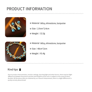 Detailed size and material info for turquoise jewelry set including necklace and earrings