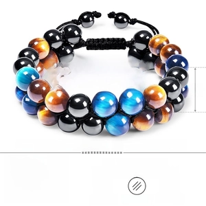 Triple protection bracelet with 10mm blue tiger eye, hematite and black onyx beads