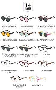 Collection of 14 colorful round retro sunglasses displayed in a grid for fashion choice