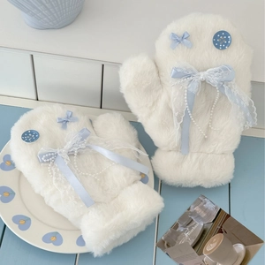 Winter Plush Mittens Faux Rabbit Fur Thickened Warm Neck Strap Cute Bow Lace Artificial Pearl For Women Girls Kawaii Style
