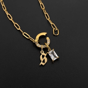 Premium 14K gold-plated titanium steel chain necklace with letter S and rhinestone charm