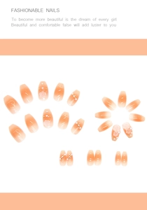 Detail of pink gradient press-on nails with 3D floral accents and elegant pearls