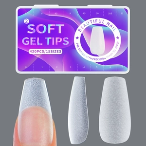 Detail of 420-piece soft gel nail tips in matte finish with 15 sizes display