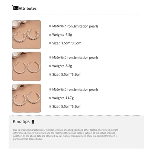 Specifications of pearl hoop earrings showing iron material and various sizes and weights