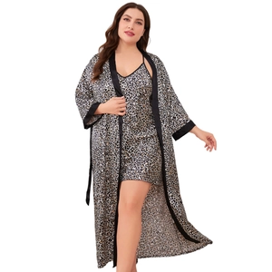 Silk satin leopard print plus size bathrobe and nightgown set for women in minimalist style