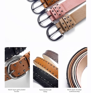 Close-up showing the gold-plated D-ring buckle and textured PU leather belt with rivets