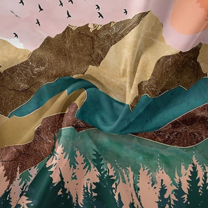 Detail shot of boho mountain moon phase tapestry showing soft fabric texture and edge stitching