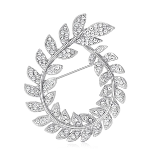 Elegant silver olive branch wreath brooch with sparkling rhinestones for suits