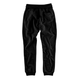Rear view of black jogger pants featuring ribbed waistband and back patch pocket detail