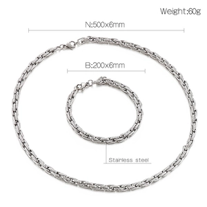 Polished stainless steel jewelry set showing necklace and bracelet sizes with weight details