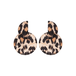 Retro leopard print circular drop earrings with silver needles on a white background