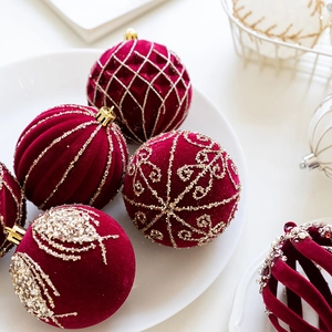 8cm burgundy velvet Christmas ornaments with gold glitter and beaded floral embroidery