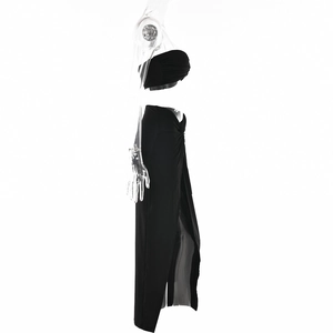 Side view of black strapless crop top and high waist split skirt on mannequin