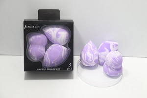 Detail of 3pcs marble purple and white makeup sponge set with various beauty blender shapes