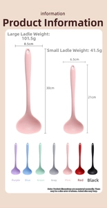 Size chart showing large and small food-grade silicone soup spoons with dimensions and weights