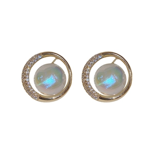 Elegant gold plated circle earrings with mermaid pearl and cubic zirconia accents