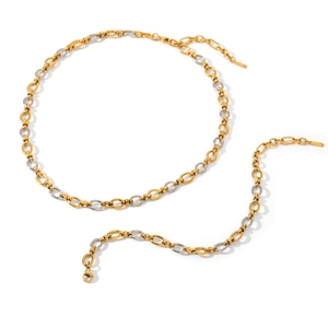 Two-tone gold and silver stainless steel necklace and bracelet set with O-ring links