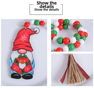 Detail of Christmas gnome pendant with festive wooden beads and buffalo plaid tassel