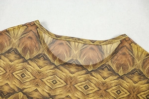 Detail of round neckline and geometric pattern on sheer mesh long sleeve printed dress
