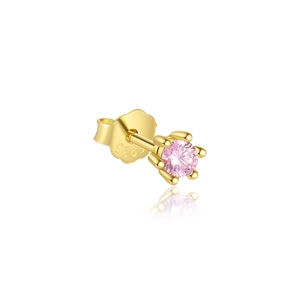 Close-up of S925 sterling silver gold earring with pink round zircon and hallmark detail