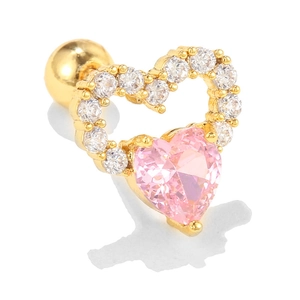 Gold heart cartilage stud earring with pink stone and white cubic zirconia accents