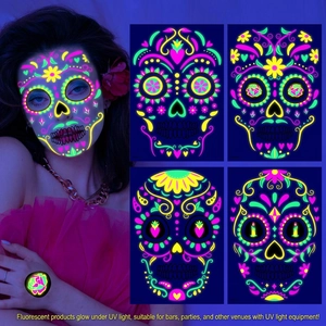 Day of the Dead Neon Fluorescent Face Tattoo Stickers Halloween Skull Floral Geometric Patterns Waterproof Temporary Tattoos Party Accessories