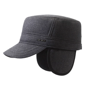 Men's dark grey winter warm flat cap with ear flaps in thick wool blend fabric