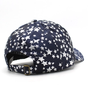 Navy blue baseball cap with star pattern and adjustable brass metal buckle back