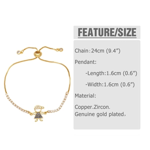 Detail of adjustable gold-plated bracelet with zircon cartoon girl pendant and size specs