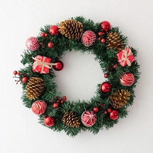 Artificial Christmas Wreath With Natural Pine Cones Shiny Red Gold Ornaments Gift Boxes For Front Door Holiday Decor