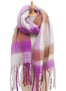 Close-up of thick purple and brown checkered scarf with soft texture and fringe details