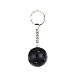 Classic black pickleball keychain with hollow plastic ball and silver metal link chain