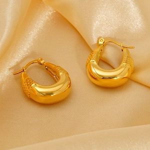 Minimalist 18K Gold Plated Stainless Steel Hoop Earrings Geometric Oval U Shape Checkered Texture INS Style Women Jewelry