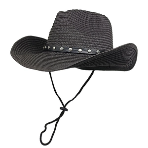 Detail of black woven straw cowboy hat featuring metallic silver studs and leather band