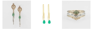 Detail of vintage 925 silver 14K gold plated rings and green nephrite jade jewelry sets