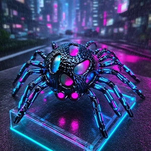 Cyberpunk spider stress relief toy with neon lights on transparent neon display stand