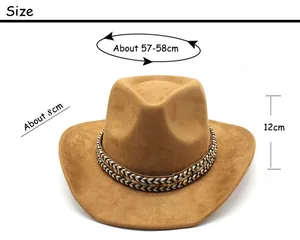 Size chart for faux suede cowboy hat showing 57-58cm head circumference and 8cm brim width